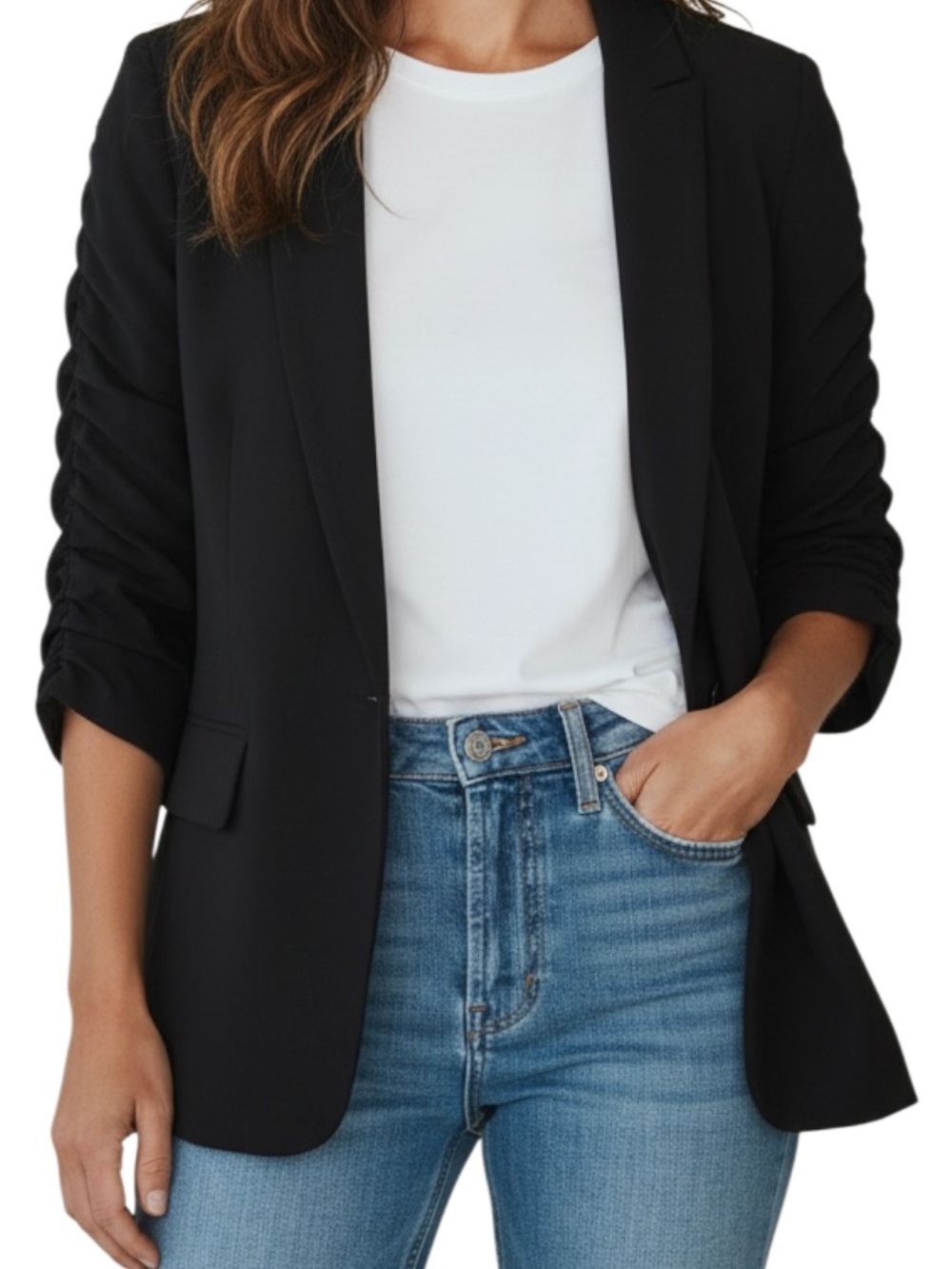 Vera Wang Oversized Black Ruched-Sleeve Blazer - Women